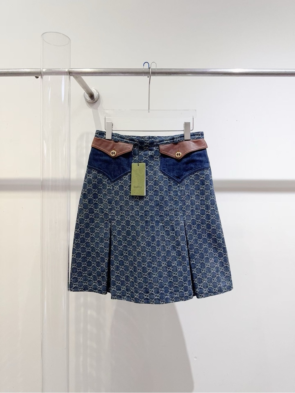Gucci Blue Monogram Denim Skirt with Brown Waist Trim